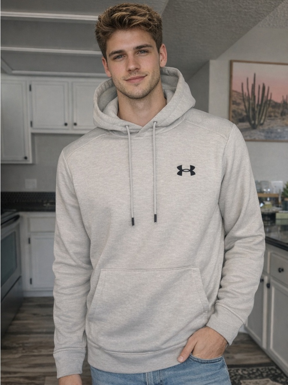 Under Armour Light Gray Drawstring Hoodie | Men’s Pullover Athletic Sweatshirt